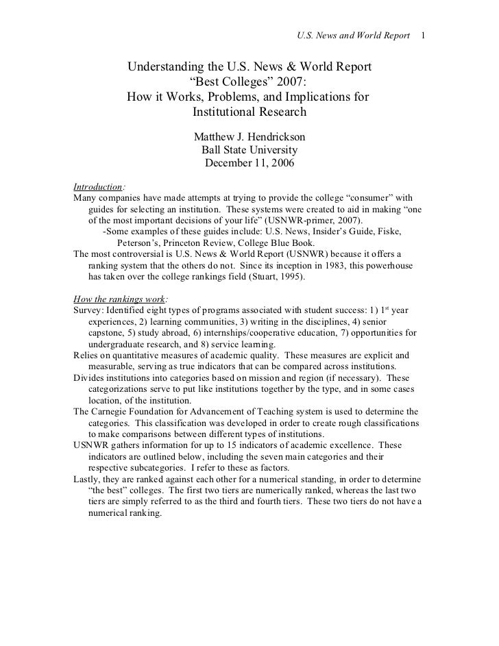 Understanding the U.S. News & World Report “Best Colleges” 2007