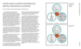 HOLISTIC HEALTH FACTORS IN THE WORKPLACE:




                                                                                                                             april.p.mcewan@gmail.com
                                                                                                      Primary areas of
                                                                                                      concentration for
                                                                                                      thesis study:

BIOPHILIA, ERGONOMICS and EXERCISE                                                                    conceptual
                                                                                                      framework



April P. McEwan, MSD industrial design candidate, ASU

    In an attempt to advocate body-                health. As biophilia, ergonomics and exercise
conscious design and healing work                  are components of holistic health, all factors
environments, this research study of holistic      are considered to be valuable within the
health in the workplace explores cognitive,        workplaces of these case studies.
social and physical well-being in four small
US offices that are between 1000 and 4000              A majority of participants declared a
square feet and employ three to twelve             preference for workplace environments with
employees. Holistic health, as pursued in this     serene natural environments with outdoor
research, includes social health, emotional        spaces and interaction with other species,
health and physical health. These three            work environments with body-conscious
factors of holistic health have been identified    furniture, equipment and workstations, as
and investigated in this study: biophilia:         well as exercise space and equipment. As
peoples’ love and affiliation with other species   these particular workplace environments
and the natural environment; ergonomics:           possess elements of the factors biophilia,
the relationship between the human body,           ergonomics and exercise, this thus all three
movement, the immediate environment and            factors are considered preferrerences in the
productivity; and exercise: exertion of the        workplaces of these case studies. Furthermore,
body to obtain physical fitness.                   factors that were said to contribute to            Elements of holistic
                                                   personal productivity in the workplace were        health factors
    Research on the holistic health factors        found as well as sacrifices that participants
of this research topic supports the idea that      stated they would be willing to make in
interaction with other species can be healing,     order to implement their preferred work
ergonomic body-conscious furniture and             environment(s). In addition, this study found
equipment increase productivity, limit body        average miles walked by participants in each
aches, pains and health costs; and exercise        workplace as well as existing incentives and
stimulates the mind and body, increasing           descriptions of ideal work environments.
productivity.
                                                       Implications of this research study engross
    This study has been conducted primarily        interior design, industrial design and fashion
with qualitative and flexible research             design. Major design implications involve
approaches using observation, survey,              accommodating workplaces to provide
interview and pedometer readings as                personnel with opportunities for holistic health
methods for data collection. Two small             in working environments. More specific




                                                                                                                             									
corporate franchise financial institutions and     implications of office related design involve
two small private healthcare providers from        providing access to natural environments,
both Arizona and Georgia, participated in this     body-conscious equipment and spaces,
study. Each office volunteered one employer        as well as opportunities for exercise and
and two employee participants.                     social interaction. These were exposed as
                                                   prerequisites for cognitive, social and physical




                                                                                                                             4.22.2011
   Of the holistic health factors considered in    health.
these four case studies, this study discovered
that a majority of participants equally valued
emotional health, physical health and social
 