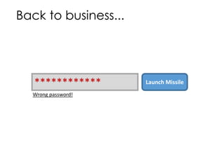 Back to business...
************ Launch Missile
Wrong password!
 