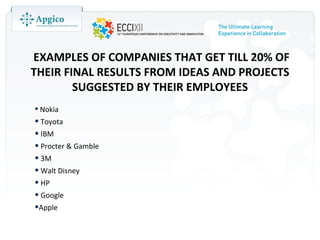 EXAMPLES OF COMPANIES THAT GET TILL 20% OF
THEIR FINAL RESULTS FROM IDEAS AND PROJECTS
        SUGGESTED BY THEIR EMPLOYEES
• Nokia
• Toyota
• IBM
• Procter & Gamble
• 3M
• Walt Disney
• HP
• Google
•Apple
 