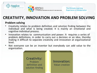 CREATIVITY, INNOVATION AND PROBLEM SOLVING
Problem solving
• Creativity relates to problem definition and solution finding between the
  individual and what is being created. It is mainly an emotional and
  cognitive individual process.
• Innovation relates to communication and power. It requires a series of
  problem definitions, in order to carry out a decision or an idea, thereby
  making it difficult to separate creativity and innovation at organizational
  level.
• Not everyone can be an inventor but everybody can add value to the
  organization.


                   Creativity:
                      Problem              Innovation:
                   definition and          Value creation
                  solution finding
 