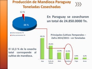 40.1%
25.6%
12.9% 12.3%
3.4% 3.2%
Soja Caña de
Azúcar
Maíz Mandioca Trigo Arroz
Principales Cultivos Temporales –
Zafra 2014/2015 – en Toneladas
Producción de Mandioca Paraguay
Toneladas Cosechadas
En Paraguay se cosecharon
un total de 24.850.0000 Tn.
88 %
12 %
Cultivos temporales TN
Cultivos permantentes TN
El 12,3 % de la cosecha
total corresponde al
cultivo de mandioca.
 