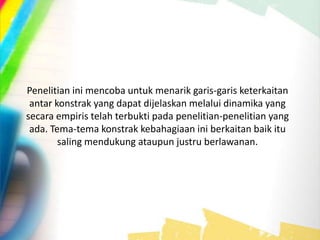 Penelitian ini mencoba untuk menarik garis-garis keterkaitan
antar konstrak yang dapat dijelaskan melalui dinamika yang
secara empiris telah terbukti pada penelitian-penelitian yang
ada. Tema-tema konstrak kebahagiaan ini berkaitan baik itu
saling mendukung ataupun justru berlawanan.
 