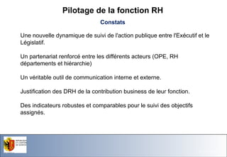 Pilotage de la fonction RH
Constats
Une nouvelle dynamique de suivi de l'action publique entre l'Exécutif et le
Législatif.
Un partenariat renforcé entre les différents acteurs (OPE, RH
départements et hiérarchie)
Un véritable outil de communication interne et externe.
Justification des DRH de la contribution business de leur fonction.
Des indicateurs robustes et comparables pour le suivi des objectifs
assignés.

Départe me nt des finances

26.11.13- Page 54

 