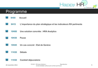 Programme
9H00

Accueil

9H15

L’importance du plan stratégique et les indicateurs RH pertinents

10H00

Une solution concrète : HRA Analytics

10H30

Pause

10H45

Un cas concret : Etat de Genève

11H30

Débats

11H30

Cocktail déjeunatoire

26 novembre 2013

© 2012 - HR Access Solutions Reproduction
strictly forbidden without prior written permission.

9

 