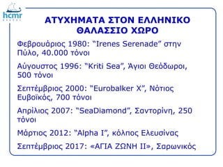 ΑΤΥΧΗΜΑΤΑ ΣΤΟΝ ΕΛΛΗΝΙΚΟ
ΘΑΛΑΣΣΙΟ ΧΩΡΟ
Φεβρουάριος 1980: “Irenes Serenade” στην
Πύλο, 40.000 τόνοι
Αύγουστος 1996: “Kriti Sea”, Άγιοι Θεόδωροι,
500 τόνοι
Σεπτέμβριος 2000: “Eurobalker X”, Νότιος
Ευβοϊκός, 700 τόνοι
Απρίλιος 2007: “SeaDiamond”, Σαντορίνη, 250
τόνοι
Μάρτιος 2012: “Alpha I”, κόλπος Ελευσίνας
Σεπτέμβριος 2017: «ΑΓΙΑ ΖΩΝΗ ΙΙ», Σαρωνικός
 