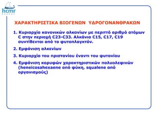 ΧΑΡΑΚΤΗΡΙΣΤΙΚΑ ΒΙΟΓΕΝΩΝ ΥΔΡΟΓΟΝΑΝΘΡΑΚΩΝ
1. Κυριαρχία κανονικών αλκανίων με περιττό αριθμό ατόμων
C στην περιοχή C23-C33. Αλκάνια C15, C17, C19
συντίθενται από το φυτοπλαγκτόν.
2. Εμφάνιση αλκενίων
3. Κυριαρχία του πριστανίου έναντι του φυτανίου
4. Εμφάνιση κορυφών χαρακτηριστικών πολυολεφινών
(heneicosahexaene από φύκη, squalene από
οργανισμούς)
 