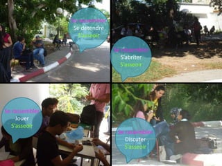 Se rassembler
                 Se détendre
                   S’asseoir

                                Se rassembler
                                   S’abriter
                                   S’asseoir




Se rassembler
     Jouer
   S’asseoir
                                 Se rassembler
                                    Discuter
                                    S’asseoir
 