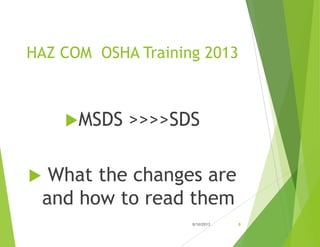 HAZ COM OSHA Training 2013
MSDS >>>>SDS
 What the changes are
and how to read them
9/10/2013 0
 
