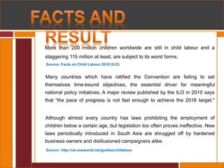 More than 200 million children worldwide are still in child labour and a
staggering 115 million at least, are subject to its worst forms.
Many countries which have ratified the Convention are failing to set
themselves time-bound objectives, the essential driver for meaningful
national policy initiatives. A major review published by the ILO in 2010 says
that “the pace of progress is not fast enough to achieve the 2016 target."
Although almost every country has laws prohibiting the employment of
children below a certain age, but legislation too often proves ineffective. New
laws periodically introduced in South Asia are shrugged off by hardened
business owners and disillusioned campaigners alike.
Source: Facts on Child Labour 2010 (ILO)
Source: http://uk.oneworld.net/guides/chillabour
 