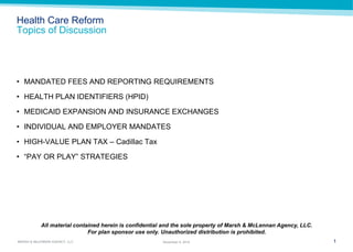 1 
MARSH & McLENNAN AGENCY, LLC 
November 9, 2014 
Health Care Reform 
Topics of Discussion 
All material contained herein is confidential and the sole property of Marsh & McLennan Agency, LLC. 
For plan sponsor use only. Unauthorized distribution is prohibited. 
•MANDATED FEES AND REPORTING REQUIREMENTS 
•HEALTH PLAN IDENTIFIERS (HPID) 
•MEDICAID EXPANSION AND INSURANCE EXCHANGES 
•INDIVIDUAL AND EMPLOYER MANDATES 
•HIGH-VALUE PLAN TAX – Cadillac Tax 
•“PAY OR PLAY” STRATEGIES 
 