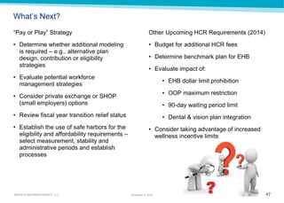 47 
MARSH & McLENNAN AGENCY, LLC 
November 9, 2014 
What’s Next? 
“Pay or Play” Strategy 
•Determine whether additional modeling is required – e.g., alternative plan design, contribution or eligibility strategies 
•Evaluate potential workforce management strategies 
•Consider private exchange or SHOP (small employers) options 
•Review fiscal year transition relief status 
•Establish the use of safe harbors for the eligibility and affordability requirements – select measurement, stability and administrative periods and establish processes 
Other Upcoming HCR Requirements (2014) 
•Budget for additional HCR fees 
•Determine benchmark plan for EHB 
•Evaluate impact of: 
•EHB dollar limit prohibition 
•OOP maximum restriction 
•90-day waiting period limit 
•Dental & vision plan integration 
•Consider taking advantage of increased wellness incentive limits  