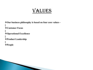 VALUES

Our business philosophy is based on four core values -
‡
Customer Focus
‡
Operational Excellence
‡
Product Leadership
‡
People
 
