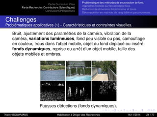 Partie Curriculum Vitae
Partie Recherche (Contributions Scientiﬁques)
Conclusions/Perspectives
Problèmatique des méthodes de soustraction de fond.
Approches fondées sur les concepts ﬂous.
Réduction de dimension discriminative et mixte.
Décomposition en matrices de rang faible et parcimonieuse.
Challenges
Problématiques applicatives (1) - Caractéristiques et contraintes visuelles.
Bruit, ajustement des paramètres de la caméra, vibration de la
caméra, variations lumineuses, fond peu visible ou pas, camouﬂage
en couleur, trous dans l’objet mobile, objet du fond déplacé ou inséré,
fonds dynamiques, reprise ou arrêt d’un objet mobile, taille des
objets mobiles et ombres.
Fausses détections (fonds dynamiques).
Thierry BOUWMANS Habilitation à Diriger des Recherches 14/11/2014 24 / 77
 
