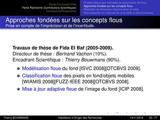 Partie Curriculum Vitae
Partie Recherche (Contributions Scientiﬁques)
Conclusions/Perspectives
Problèmatique des méthodes de soustraction de fond.
Approches fondées sur les concepts ﬂous.
Réduction de dimension discriminative et mixte.
Décomposition en matrices de rang faible et parcimonieuse.
Approches fondées sur les concepts ﬂous
Prise en compte de l’imprécision et de l’incertitude.
Travaux de thèse de Fida El Baf (2005-2009).
Directeur de thèse : Bertrand Vachon (10%).
Encadrant Scientiﬁque : Thierry Bouwmans (90%).
Modélisation ﬂoue du fond [ISVC 2008][OTCBVS 2009].
Classiﬁcation ﬂoue des pixels en fond/objets mobiles
[WIAMIS 2008][FUZZ-IEEE 2008][OTCBVS 2008].
Mise à jour adaptive ﬂoue de l’image du fond [ICIP 2008].
Thierry BOUWMANS Habilitation à Diriger des Recherches 14/11/2014 30 / 77
 