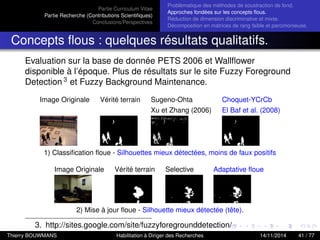 Partie Curriculum Vitae
Partie Recherche (Contributions Scientiﬁques)
Conclusions/Perspectives
Problèmatique des méthodes de soustraction de fond.
Approches fondées sur les concepts ﬂous.
Réduction de dimension discriminative et mixte.
Décomposition en matrices de rang faible et parcimonieuse.
Concepts ﬂous : quelques résultats qualitatifs.
Evaluation sur la base de donnée PETS 2006 et Wallﬂower
disponible à l’époque. Plus de résultats sur le site Fuzzy Foreground
Detection 3
et Fuzzy Background Maintenance.
Image Originale Vérité terrain Sugeno-Ohta Choquet-YCrCb
Xu et Zhang (2006) El Baf et al. (2008)
1) Classiﬁcation ﬂoue - Silhouettes mieux détectées, moins de faux positifs
Image Originale Vérité terrain Selective Adaptative ﬂoue
2) Mise à jour ﬂoue - Silhouette mieux détectée (tête).
3. http://sites.google.com/site/fuzzyforegrounddetection/
Thierry BOUWMANS Habilitation à Diriger des Recherches 14/11/2014 41 / 77
 