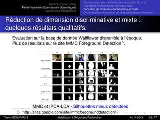 Partie Curriculum Vitae
Partie Recherche (Contributions Scientiﬁques)
Conclusions/Perspectives
Problèmatique des méthodes de soustraction de fond.
Approches fondées sur les concepts ﬂous.
Réduction de dimension discriminative et mixte.
Décomposition en matrices de rang faible et parcimonieuse.
Réduction de dimension discriminative et mixte :
quelques résultats qualitatifs.
Evaluation sur la base de donnée Wallﬂower disponible à l’époque.
Plus de résultats sur le site IMMC Foreground Detection 5
.
IMMC et IPCA-LDA - Silhouettes mieux détectées
5. http://sites.google.com/site/immcforegrounddetection/
Thierry BOUWMANS Habilitation à Diriger des Recherches 14/11/2014 53 / 77
 