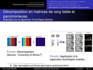 Partie Curriculum Vitae
Partie Recherche (Contributions Scientiﬁques)
Conclusions/Perspectives
Problèmatique des méthodes de soustraction de fond.
Approches fondées sur les concepts ﬂous.
Réduction de dimension discriminative et mixte.
Décomposition en matrices de rang faible et parcimonieuse.
Décomposition en matrices de rang faible et
parcimonieuse.
Illustration sur la séparation Fond/Objets Mobiles.
FIGURE: Décomposition
(Source : University of Illinois 6
)
FIGURE: Application à la
séparation fond/objets mobiles.
6. http://perception.csl.illinois.edu/matrix-rank/home.html
Thierry BOUWMANS Habilitation à Diriger des Recherches 14/11/2014 59 / 77
 