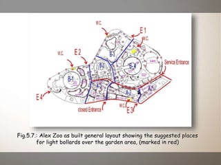 Fig.5.7.: Alex Zoo as built general layout showing the suggested places
for light bollards over the garden area, (marked in red)
 