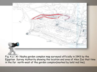 Fig. 4.3.: Al- Nozha garden complex map surveyed officially in 1943 by the
Egyptian Survey Authority showing the location and area of Alex Zoo that time
in the far north-west of the garden complex(marked by bold red line).
 