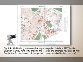 Fig. 4.4.: Al- Nozha garden complex map surveyed officially in 1977 by the
Egyptian Survey Authority showing the location and enlarged new area of Alex
Zoo in the far north-west of the garden complex(marked by bold red line).
 