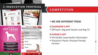 3.INNO V ATIO N	
  PRO PO SAL	
  
COMPETITION	
  
§ WE	
  ARE	
  DIFFERENT	
  FROM	
  
H	
  
1	
  EUKANUBA’S	
  APP	
  
§  Oﬀ	
  leash:	
  dog	
  park	
  locator	
  and	
  dog	
  TV	
  
§  c	
  
2	
  PURINA’S	
  APP	
  
§  Pet	
  Health:	
  keep	
  health	
  informa6on	
  
§  Petcentric	
  Places:	
  ﬁnd	
  pet	
  friendly	
  
services	
  
 