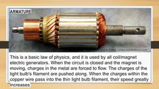 ARMATURE
This is a basic law of physics, and it is used by all coil/magnet
electric generators. When the circuit is closed and the magnet is
moving, charges in the metal are forced to flow. The charges of the
light bulb's filament are pushed along. When the charges within the
copper wire pass into the thin light bulb filament, their speed greatly
increases.
 