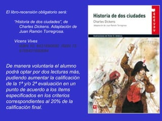 El libro-recensión obligatorio será:
“Historia de dos ciudades”, de
Charles Dickens. Adaptación de
Juan Ramón Torregrosa.
Vicens Vives
ISBN 10: 8431690690  ISBN 13: 
9788431690694
De manera voluntaria el alumno
podrá optar por dos lecturas más,
pudiendo aumentar la calificación
de la 1ª y/o 2ª evaluación en un
punto de acuerdo a los ítems
especificados en los criterios
correspondientes al 20% de la
calificación final.
 