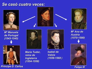 Se casó cuatro veces:Se casó cuatro veces:
Mª ManuelaMª Manuela
de Portugalde Portugal
(1543-1545)(1543-1545)
Mª Ana deMª Ana de
AustriaAustria
(1570-1580)(1570-1580)
María Tudor,María Tudor,
reina dereina de
InglaterraInglaterra
(1554-1558)(1554-1558)
Isabel deIsabel de
ValoisValois
(1559-1568 )(1559-1568 )
Príncipe D. CarlosPríncipe D. Carlos Felipe IIIFelipe III
 