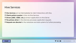 05/10/2025 10
START
Hive Services
 Hive Services act as intermediaries for client interactions with Hive.
 Clients perform queries in Hive via Hive Services.
 Drivers (JDBC, ODBC, etc.) connect applications to Hive Server.
 The primary driver in Hive Services processes application requests.
 Requests are directed to the metastore and data systems for further processing.
 