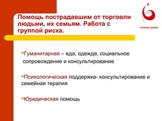 Помощь пострадавшим от торговли
людьми, их семьям. Работа с
группой риска.
Гуманитарная – еда, одежда, социальное
сопровождение и консультирование
Психологическая поддержка- консультирование и
семейная терапия
Юридическая помощь
 