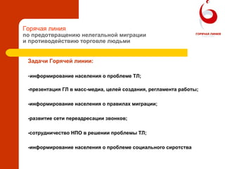Горячая линия
по предотвращению нелегальной миграции
и противодействию торговле людьми
Задачи Горячей линии:
-информирование населения о проблеме ТЛ;
-презентация ГЛ в масс-медиа, целей создания, регламента работы;
-информирование населения о правилах миграции;
-развитие сети переадресации звонков;
-сотрудничество НПО в решении проблемы ТЛ;
-информирование населения о проблеме социального сиротства
 