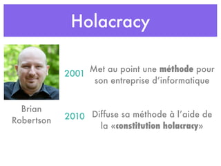 Holacracy 
Brian 
Robertson 
Met au point une méthode pour 
son entreprise d’informatique 
Diffuse sa méthode à l’aide de ...