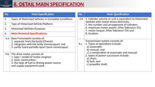 8. DETAIL MAIN SPECIFICATION
No. Main Specification
1. Types of Motorized Vehicles in Complete Conditions
2. Type of Motorized Vehicle Platform
3. Motorized Vehicles Purposes
4. Main Technical Specifications;
4.a Base Framework consists of:
1. separate from the body;(Chassis)
2. integrates with the body (monocoque); and
3. partly fused partially apart (semi monocoque)
4.b The drive motor consists of:
1. type / model of motor (engine);
2. basic construction;
3. the type of fuel or driving power source
and supply equipment used;
No. Main Specification
4.b 4. Cylinder volume or unit is equivalent to Motorized
Vehicles with motor drives electricity;
5. the number and arrangement of cylinders
6. maximum motor power; (Max Tolerance 5%)
7. motor torque; (Max Tolerance 5%) and
8. location;
4.c
Transmission system consists of:
1. Types of operations include:
a) automatic;
b) manual; and
c) a combination of automatic and manual;
2. types of power successors include:
a) chain;
b) beit; and
c) propeller shaft;
 
