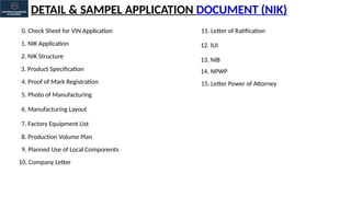 DETAIL & SAMPEL APPLICATION DOCUMENT (NIK)
0. Check Sheet for VIN Application
1. NIK Application
2. NIK Structure
3. Product Specification
4. Proof of Mark Registration
5. Photo of Manufacturing
6. Manufacturing Layout
7. Factory Equipment List
8. Production Volume Plan
9. Planned Use of Local Components
10. Company Letter
11. Letter of Ratification
12. IUI
13. NIB
15. Letter Power of Attorney
14. NPWP
 