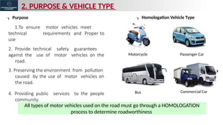 2. PURPOSE & VEHICLE TYPE
 Purpose
1.To ensure motor vehicles meet
technical requirements and Proper to
use
2. Provide technical safety guarantees
against the use of motor vehicles on the
road.
3. Preserving the environment from pollution
caused by the use of motor vehicles on
the road.
4. Providing public services to the people
community.
 Homologation Vehicle Type
Motorcycle Passenger Car
Bus Commercial Car
All types of motor vehicles used on the road must go through a HOMOLOGATION
process to determine roadworthiness
 