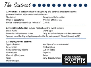 The Contract
 1. Preamble: Is a statement at the beginning of a contract that identifies the
 partners involved with names and addresses:
 The intent                             Background Information
 Offer of acceptance                    Window of time. Etc.
 Recital information such as “whereas” Clauses

 2. Event Details Section Include Facts about the event such as:
 Event Name                              Event Type
 Move-in and Move-out dates              Early Arrival and departure Requirements
 Sponsors and facility obligations under the Americans with Disabilities act (ADA)

 3. Sleeping Rooms Section:
 Types of rooms                          Numbers of rooms reserved
 Reservation                             Confirmation
 Complementary Rooms                     Cut-off Dates
 Guarantees                              Deposits
 Check-in/Check-out                      Rates
 Taxes                                   Early departure fees
 Other Charges
 