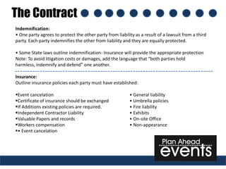 The Contract
Indemnification:
• One party agrees to protect the other party from liability as a result of a lawsuit from a third
party. Each party indemnifies the other from liability and they are equally protected.

• Some State laws outline indemnification- Insurance will provide the appropriate protection
Note: To avoid litigation costs or damages, add the language that “both parties hold
harmless, indemnify and defend” one another.

Insurance:
Outline insurance policies each party must have established:

Event cancelation                                        • General liability
Certificate of insurance should be exchanged             • Umbrella policies
If Additions existing policies are required.             • Fire liability
Independent Contractor Liability                         • Exhibits
Valuable Papers and records                              • On-site Office
Workers compensation                                     • Non-appearance
• Event cancelation
 