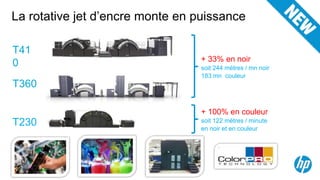 La rotative jet d’encre monte en puissance

T41
                                                       + 33% en noir
0                                                      soit 244 mètres / mn noir
                                                       183 mn couleur
T360

                                                       + 100% en couleur
T230                                                   soit 122 mètres / minute
                                                       en noir et en couleur m/min
                                                                  avant .. 61



Nouvelles têtes   Nouvelles encres   Vernis en ligne        Nouveaux papiers
 