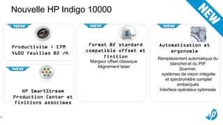 Nouvelle HP Indigo 10000



            é

                                                  Remplacement automatique du
                       Margeur offset classique
                                                         blanchet et du PIP
                          Alignement laser
                                                              Scanner,
                                                    systèmes de vision intégrée
                                                      et spectromètre complet
                                                            embarqués
                                                   Interface opérateur optimisée


                 é

42
 