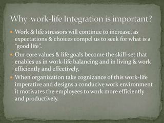  Work & life stressors will continue to increase, as
expectations & choices compel us to seek for what is a
“good life’’.
 Our core values & life goals become the skill-set that
enables us in work-life balancing and in living & work
efficiently and effectively.
 When organization take cognizance of this work-life
imperative and designs a conducive work environment
it motivates the employees to work more efficiently
and productively.
 
