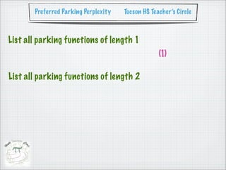 Preferred Parking Perplexity   Tucson HS Teacher’s Circle



List all parking functions of length 1
                                                   (1)

List all parking functions of length 2
 