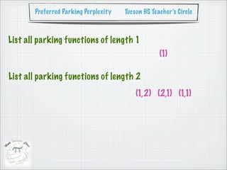 Preferred Parking Perplexity   Tucson HS Teacher’s Circle



List all parking functions of length 1
                                                   (1)

List all parking functions of length 2
                                          (1,2) (2,1) (1,1)
 