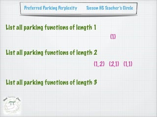 Preferred Parking Perplexity   Tucson HS Teacher’s Circle



List all parking functions of length 1
                                                   (1)

List all parking functions of length 2
                                          (1,2) (2,1) (1,1)


List all parking functions of length 3
 