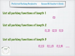 Preferred Parking Perplexity      Tucson HS Teacher’s Circle



List all parking functions of length 1
                                                       (1)

List all parking functions of length 2
                                                (1,2) (2,1) (1,1)


List all parking functions of length 3

                                      (1,1,1)     (1,1,2)    (1,1,3) ......
 