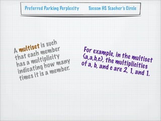 Preferred Parking Perplexity         Tucson HS Teacher’s Circle




               e t is s uch
   m   ul t is           be r           Fo r e xam
A                  me m
          e ach l ic i t y                           p le , i n t h
t h at u l t i p                       {a, a, b,c}                   e mu l t i s e
                                                   , t h e mu                         t
 h as    am
                     how   m any       o f a, b, a
                                                   n d c a re
                                                                l t i p lic i t i
                                                                                  es
         ca  t i ng           b e r.                             2, 1, a n d
  i n di              a me m                                                       1.
    t i me  s i t is
 
