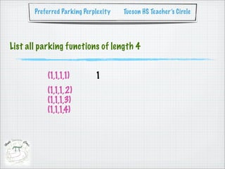 Preferred Parking Perplexity   Tucson HS Teacher’s Circle




List all parking functions of length 4


           (1,1,1,1)         1
           (1,1,1,2)
           (1,1,1,3)
           (1,1,1,4)
 