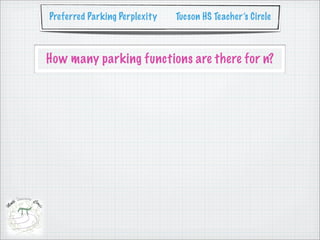 Preferred Parking Perplexity   Tucson HS Teacher’s Circle



How many parking functions are there for n?
 