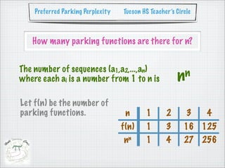 Preferred Parking Perplexity   Tucson HS Teacher’s Circle



   How many parking functions are there for n?


The number of sequences (a1,a2,...,an)
where each ai is a number from 1 to n is               nn

Let f(n) be the number of
parking functions.                  n      1       2       3    4
                                   f(n)    1       3      16 125
                                   nn      1       4      27 256
 