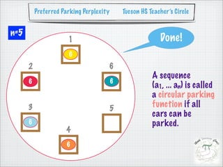 Preferred Parking Perplexity       Tucson HS Teacher’s Circle


n=5
                      1                                    Done!
                      6
      2                              6
                                                        A sequence
      6                                  6
                                                        (a1, ... an) is called
                                                        a circular parking
      3                              5
                                                        function if all
                                                        cars can be
      6                                                 parked.
                     4
                      6
 